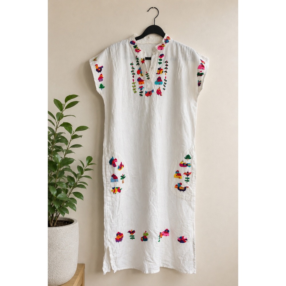 Handmade Embroidered Folk Art Cotton Gauze Midi Dress White Boho Kaftan Small